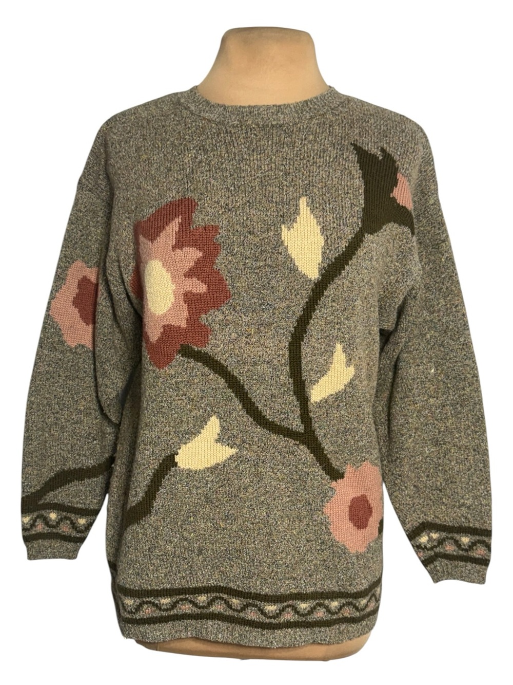 Vintage John Meyer Floral Intarsia Oversized Knit Sweater Gray Pink Green Size S - Picture 2 of 6